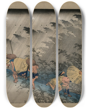 Triptych art skateboard deck of And Hiroshige Driving Rain At Shono Station 46 From The Series Fiftythree Stations Of The Tokaido by Ando Hiroshige (1797-1858)