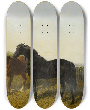 Triptych art skateboard deck of John Frederick Herring Jr Horses And Chickens_1 by John Frederick Herring Jr (1820-1907)