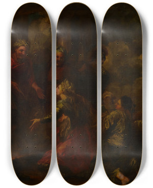 Triptych art skateboard deck of Pietro Dandini The Queen Of Sheba Presenting King Solomon With Gifts by Pietro Dandini (1646-1712)