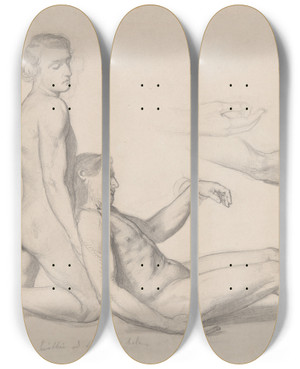 Triptych art skateboard deck of Jzef Simmler Study Of Nude Males To The Scene With Nicodemus Supporting Christs Body To The Painting Entombment by Jozef Simmler (1823-1868)