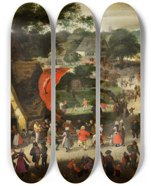 Triptych art skateboard deck of Jacob Savery The Elder Fair On St Sebastians Day by Jacob Savery The Elder (1545-1602)