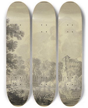 Triptych art skateboard deck of Aernout Ter Himpel Ruine Eines Alten Turmes An Einem Wasser Auf Welchem Mehrere Fischerkne Sind by Aernout Ter Himpel (1634-1686)