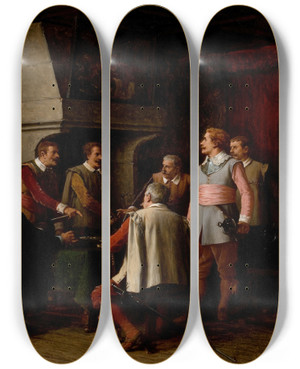 Triptych art skateboard deck of Benjamineugne Fichel The Gambling Dispute And Challenge by Benjamin Eugene Fichel (1826-1895)