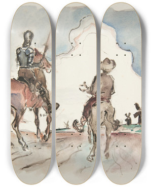 Triptych art skateboard deck of Ivan Ivanec Don Kichot I Sancho Pansa by Ivan Ivanec (1893-1946)