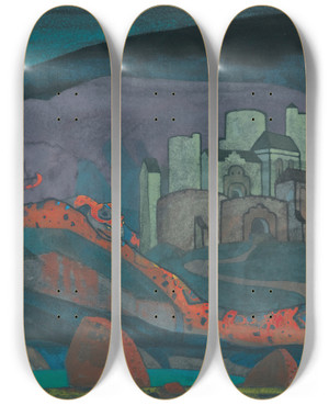 Triptych art skateboard deck of Nicholas Roerich The Doomed City by Nicholas Roerich (1874-1947)