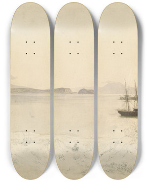 Triptych art skateboard deck of Johann Heinrich Schilbach The Gulf Of Pozzuoli by Johann Heinrich Schilbach (1798-1851)