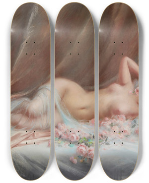 Triptych art skateboard deck of Delphin Enjolras Nu Aux Roses by Delphin Enjolras (1857-1945)