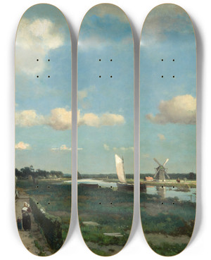 Triptych art skateboard deck of Johan Hendrik Weissenbruch The Trekvliet by Johan Hendrik Weissenbruch (1824-1903)