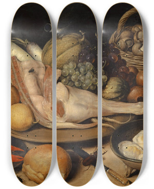 Triptych art skateboard deck of Georg Flegel Still Life With Leg Of Veal Insects And Titmouse by Georg Flegel (1566-1638)