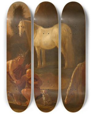 Triptych art skateboard deck of Willem Ossenbeeck Mercury And Io by Willem Ossenbeeck (1622-1642)