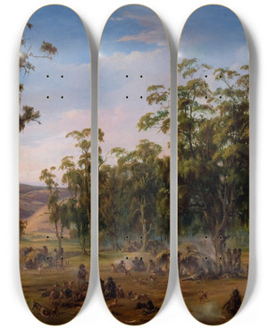 Triptych art skateboard deck of Alexander Schramm An Aboriginal Encampment Near The Adelaide Foothills by Alexander Schramm (1813-1864)