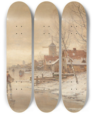 Triptych art skateboard deck of Johann Jungblut Winter Landscape by Johann Jungblut (1860-1912)