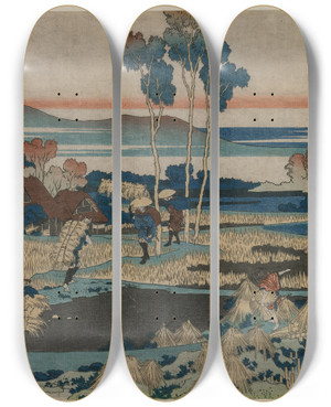 Triptych art skateboard deck of Katsushika Hokusai Poem By Emperor Tenchi From The Series One Hundred Poems By One Hundred Poets Explained By The Nurse by Katsushika Hokusai (1760-1849)