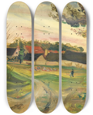 Triptych art skateboard deck of Abraham Mintchine Promeneurs Devantune Ferme by Abraham Mintchine (1898-1931)
