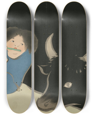 Triptych art skateboard deck of Kamisaka Sekka Oxherd Bokudo by Kamisaka Sekka (1866-1942)