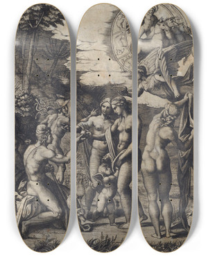 Triptych art skateboard deck of Marcantonio Raimondi The Judgment Of Paris by Marcantonio Raimondi (1470-1527)