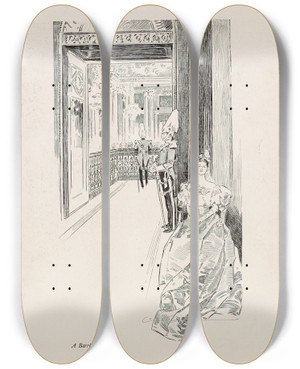 Triptych art skateboard deck of Charles Dana Gibson A Barrier by Charles Dana Gibson (1867-1944)