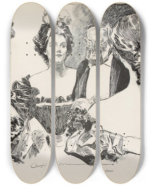 Triptych art skateboard deck of Charles Dana Gibson After Dinner_1 by Charles Dana Gibson (1867-1944)