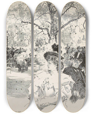 Triptych art skateboard deck of Charles Dana Gibson Sunday Morning Near Stanhope Gate_1 by Charles Dana Gibson (1867-1944)