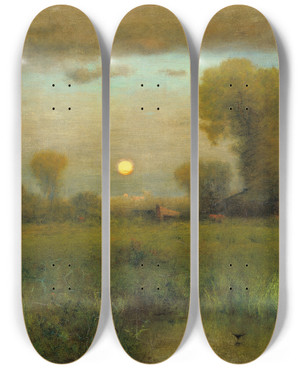 Triptych art skateboard deck of George Inness Harvest Moon by George Inness (1825-1894)