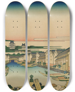 Triptych art skateboard deck of Katsushika Hokusai Edo Nihonbashi by Katsushika Hokusai (1760-1849)