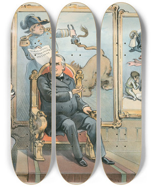 Triptych art skateboard deck of Udo Keppler It Makes A Difference Where You Are by Udo Keppler (1872-1956)