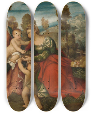 Triptych art skateboard deck of Bonifacio Veronese The Holy Family With Saint Dorothy And The Infant John The Baptist And Tobias With An Angel by Bonifacio Veronese (1487-1553)