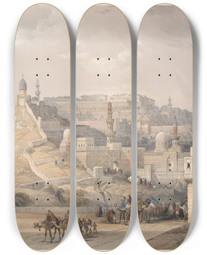 Triptych art skateboard deck of David Roberts The Citadel Of Cairo Residence Of Mehemet Ali by David Roberts (1796-1864)