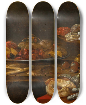 Triptych art skateboard deck of Alexander Adriaenssen Still Life With Sweetmeats by Alexander Adriaenssen (1587-1661)