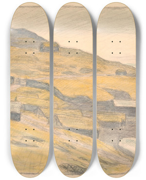 Triptych art skateboard deck of Niels Bjerre Parti Fra Nols Frerne by Niels Bjerre (1864-1942)