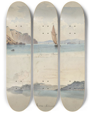 Triptych art skateboard deck of Willem Gruyter Jr Twee Engelse Kustgezichten Swansea Baai En Bristols Kanaal by Willem Gruyter jr (1817-1880)