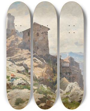 Triptych art skateboard deck of Othmar Brioschi Lago Fucinio by Othmar Brioschi (1854-1912)