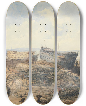 Triptych art skateboard deck of William Callow Plymouth Dockyard After The Fire by William Callow (1812-1908)