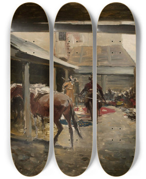 Triptych art skateboard deck of Jozef Brandt Backyard by Jozef Brandt (1841-1915)