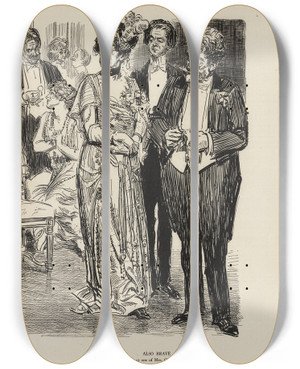 Triptych art skateboard deck of Charles Dana Gibson Also Brave An Outsider At One Of Mrs Catchems Evenings by Charles Dana Gibson (1867-1944)