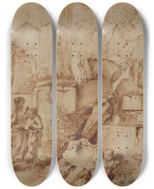 Triptych art skateboard deck of Giovanni Benedetto Castiglione Tobit Burying The Dead by Giovanni Benedetto Castiglione (1609-1664)