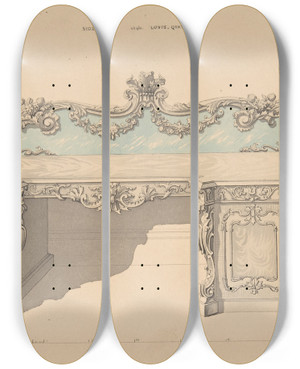 Triptych art skateboard deck of Robert William Hume Design For Sideboard Louis Quatorze Style by Robert William Hume (1816-1904)