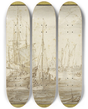 Triptych art skateboard deck of Cornelis Claesz Van Wieringen Hafenansicht Mit Schiffswerft by Cornelis Claesz. van Wieringen (1577-1633)