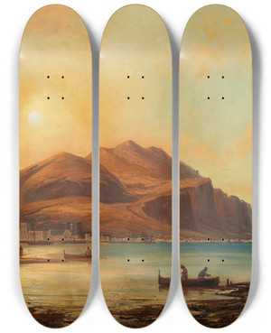 Triptych art skateboard deck of Josef Carl Berthold Pttner A View Of The Bay Of Palermo With Monte Pellegrino by Josef Carl Berthold Puttner (1821-1881)