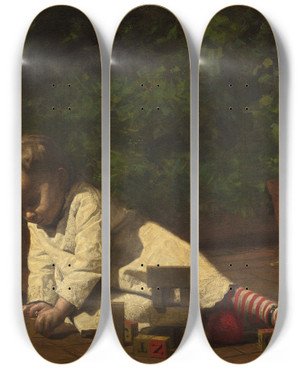 Triptych art skateboard deck of Thomas Eakins Baby At Play by Thomas Eakins (1844-1916)