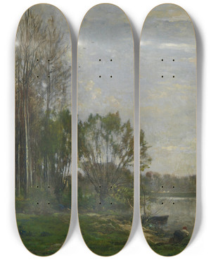 Triptych art skateboard deck of Charles Franois Daubigny Les Bord De Loise by Charles Francois Daubigny (1817-1878)