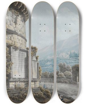 Triptych art skateboard deck of Abrahamlouisrodolphe Ducros The Tomb Of Plautius Lucanus Near The Ponte Lucano by Abraham-Louis-Rodolphe Ducros (1748-1810)