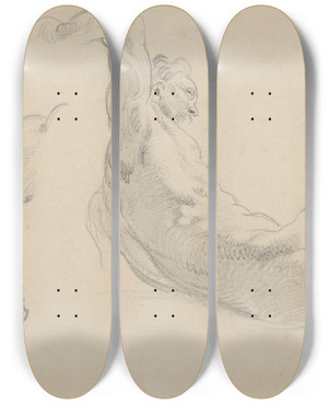 Triptych art skateboard deck of Eugne Delacroix Studies Of A Fallen Male Nude For Hercules And The Horses Of Diomedes by Eugene Delacroix (1798-1863)