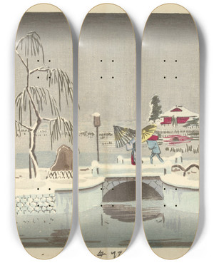 Triptych art skateboard deck of Kobayashi Kiyochika The Benten Shrine At Ikenohata by Kobayashi Kiyochika (1847-1915)