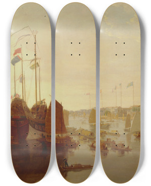 Triptych art skateboard deck of William Daniell The European Factories Canton by William Daniell (1769-1837)