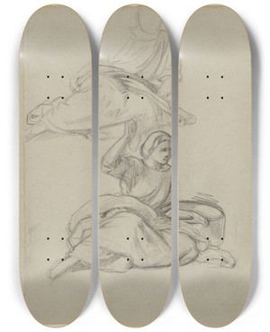 Triptych art skateboard deck of Jakob Becker Studienblatt Sitzende Frau Und Stehender Mann In Einem Zimmer Die Weinleserin by Jakob Becker (1810-1872)