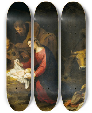 Triptych art skateboard deck of Bartolom Estebn Murillo The Adoration Of The Shepherds by Bartolome Esteban Murillo (1617-1682)