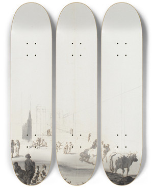 Triptych art skateboard deck of Gaetano Gandolfi Figures And Animals In Deep Architectural Setting by Gaetano Gandolfi (1734-1802)