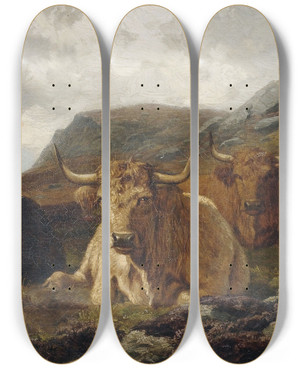 Triptych art skateboard deck of Alfred Grey Hochlandrinder by Alfred Grey (1845-1926)