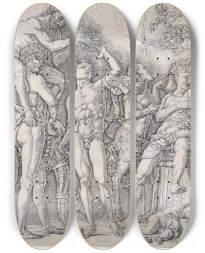 Triptych art skateboard deck of Andrea Mantegna Bacchanal With A Wine Vat_2 by Andrea Mantegna (1431-1506)